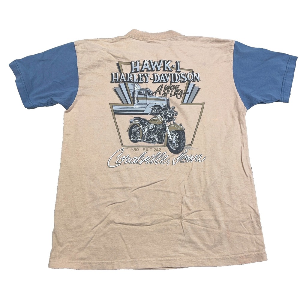 Vintage Harley Davidson Shirt Men Large Tan Blue 90s 1995 Made In USA Iowa Semi